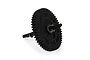 A black RC spur gear mounted on a metal shaft against a white background.