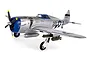 E-Flite P-47 Razorback 1.2m RC warbird model in silver livery with Kansas Tornado II nose art, blue cowl, and landing gear deployed.