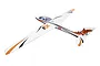 FMS Fox Aerobatic 3m Glider RC plane in white with orange and black fox-themed decals, shown from a high-angle perspective against a white background.
