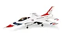 E-Flite F-16 Thunderbirds 1.0m EDF RC jet model in white, red, and blue livery with landing gear deployed, viewed from a high angle.