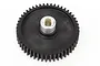 A black plastic spur gear with a silver metal center hub, isolated on a white background.