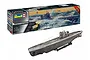 Revell 1/72 scale Type IX C German submarine model kit box and a fully assembled, painted submarine model on a display stand.