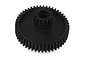 A black plastic idler gear for an RC car, featuring a larger gear and a smaller gear integrated on the same shaft.
