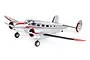E-Flite Beechcraft D18 1.5m RC plane in silver with red accents, featuring twin propellers and a tricycle landing gear configuration.