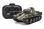 A 1/35 scale Tamiya Panther Type G RC tank model with camouflage paint and its black 2.4GHz radio control transmitter on a white background.