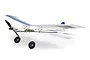 E-Flite UMX Slow Ultra Stick RC plane in white, blue, and black, featuring a high-wing design, landing gear, and exposed motor assembly.