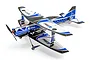 E-Flite 4-Site 3D biplane RC aircraft in blue, white, and black livery, shown from a high-angle rear perspective against a white background.