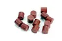 A collection of twelve small, cylindrical red friction pegs for a Traxxas RC slipper clutch, arranged on a white surface.
