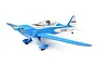 E-Flite Commander mPd 1.4m RC plane in blue and white livery with pilot figure, viewed from a front three-quarter angle against a white background.