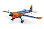 E-Flite Extra 330 SC 3D RC plane in blue, orange, and white livery with Jim Bourke branding, featuring a pilot figure and wooden propeller.