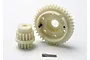 Traxxas 2-speed gearbox input gear set including a large plastic gear, a smaller plastic gear, and a small metal grub screw.