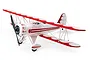 E-Flite UMX Waco RC biplane in white and red livery, viewed from a front three-quarter angle against a white background.