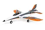 E-Flite Habu SS 700mm EDF jet RC plane in white, orange, and grey livery, viewed from a high angle against a white background.