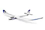 E-Flite Night Radian 2.0m RC glider plane in white with blue and black trim, shown from a high-angle side view against a white background.