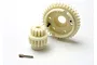 Traxxas 2-speed gearbox input gear set including two white plastic gears and a small metal pin on a white background.