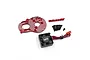 Yeah Racing red aluminium multi-angle motor plate with cooling fan, mounting hardware, and screws on a white background.