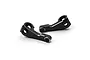 Two black anodized aluminium front steering hubs for RC cars, featuring machined silver edges and multiple mounting holes.
