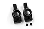 A pair of black anodized aluminium RC rear hubs with two small black grub screws on a white background.