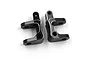 Two black anodized aluminium C-hub steering carriers for RC cars, featuring silver chamfered edges.