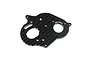 A black anodized aluminium motor mount plate by Yeah Racing with machined cooling fins and mounting holes.