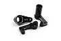 Three black anodized aluminium steering assembly parts for an RC car, featuring silver chamfered edges and the Yeah Racing logo.