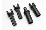 Four black plastic splined half shaft components for Traxxas RC vehicles arranged on a white background.