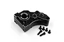 A black anodized aluminium gearbox case for RC cars by Yeah Racing, shown with five matching black screws on a white background.