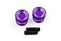 Two purple anodized aluminium twist nuts with silver accents and two black threaded grub screws on a white background.