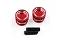 Two red anodized aluminium twist nuts with silver accents and two black threaded grub screws on a white background.