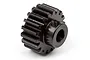 A dark brown metal 18-tooth pinion gear with a set screw hole, isolated on a white background.