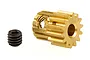 A brass 14-tooth pinion gear for RC cars, shown with a small black grub screw on a white background.