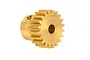 A brass 20-tooth pinion gear for RC cars, shown from an angled perspective against a white background.