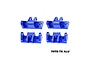 Four blue anodized aluminium lower shock mounts by GPM Racing, shown from different angles on a white background.