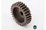 A steel 1-module pinion gear for RC cars, shown with a small grub screw with blue thread locker.