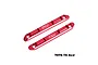 Two red anodized aluminium roof guard rails for RC cars by GPM Racing, featuring a sleek, machined design with mounting holes.