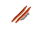 Two orange anodized aluminium rear lower trailing arms for an RC car with included black screws and nuts.