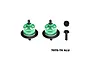 Two green anodized aluminium differential housings with black steel ring gears and two separate pinion gears on a white background.