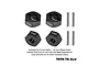 Four black GPM Racing aluminium 12mm hex wheel hubs and four metal pins on a white background.