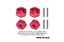 Four red anodized aluminium 12mm hex wheel hubs and four metal drive pins from GPM Racing, displayed on a white background.