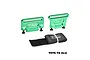 Two green anodized aluminium battery retainers with GPM Racing branding and a black velcro strap on a white background.