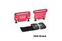 GPM Racing red anodized aluminium battery retainers with a black velcro strap on a white background.