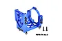 A blue anodized aluminium oversized motor mount and base by GPM Racing, featuring a circular motor clamp and multiple mounting screws.