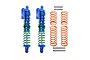 Two blue GPM Racing aluminium RC shock absorbers with green springs, plus four extra orange springs and four metal pins on a white background.