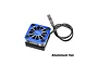 A blue GPM Racing aluminium cooling fan with a black base and attached wire connector, isolated on a white background.