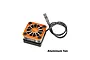GPM Racing orange aluminium cooling fan for RC cars with black heatsink and attached wire connector.