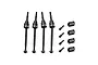 A set of four black GPM Racing carbon steel CVD driveshafts, four drive cups, and four small threaded pins arranged on a white background.