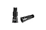 Two black GPM Racing carbon steel front stub axles for RC cars, shown from side and angled views against a white background.