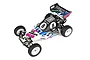 A studio shot of a Team Associated RC10 Kinwald Edition 1/10 scale 2WD RC buggy with a white and black body featuring blue drip graphics and racing decals.