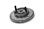 A silver-coloured metal RC nitro engine flywheel with two black pins, viewed from an angle against a white background.