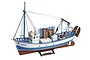 A completed Artesania Latina 1/35 scale Mare Nostrum wooden model fishing boat on a black display stand against a white background.